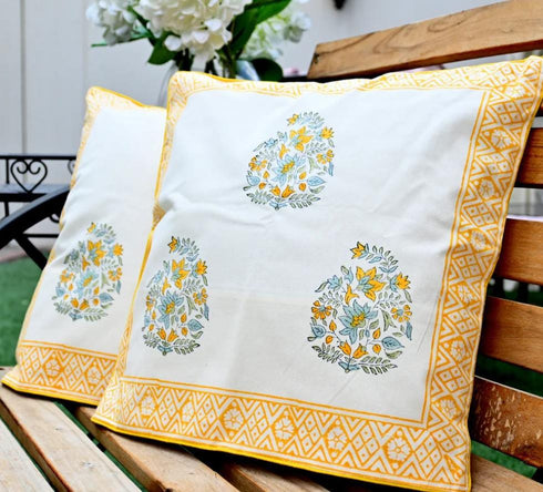 Yellow Buta Print Cotton Cushion Covers (CU03)